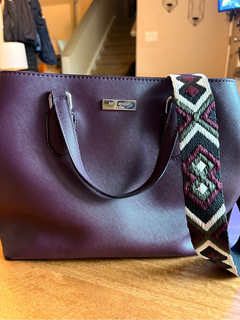 Kate Spade Plum Evangeline Leather Tote with Patterned Strap